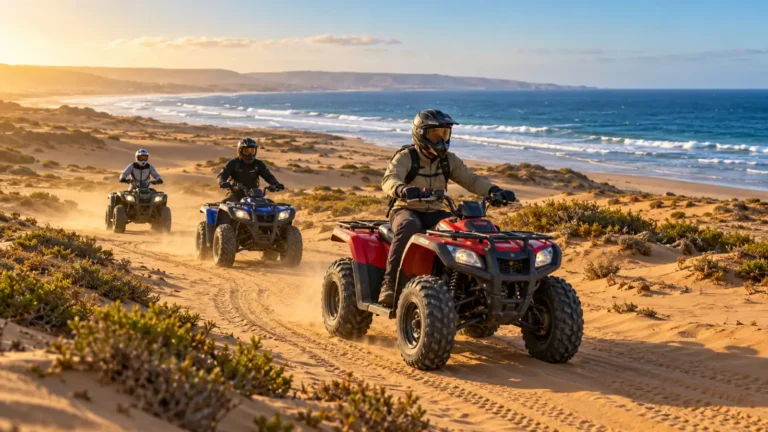 Quad biking Agadir on coastal dunes with the Atlantic Ocean in the background