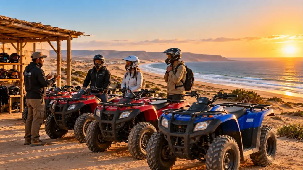 Quad bike riders receiving a safety briefing before a coastal excursion near Agadir