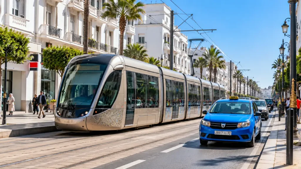 Blue petit taxi driving beside the Rabat-Salé tramway on a palm-lined boulevard in Rabat, Morocco.