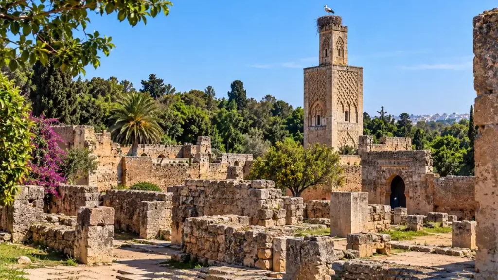 Chellah archaeological site in Rabat with ancient ruins, Marinid minaret and stork nests.