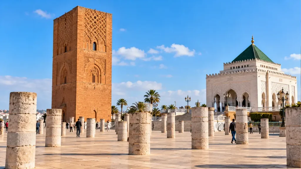 Hassan Tower and the Mausoleum of Mohammed V in Rabat, Morocco, with the historic stone columns of the unfinished Almohad mosque.