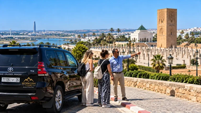 Rabat city tour with a licensed local guide and two visitors overlooking Hassan Tower and the Mausoleum of Mohammed V beside a black Morkosh Tours Toyota Prado TX.