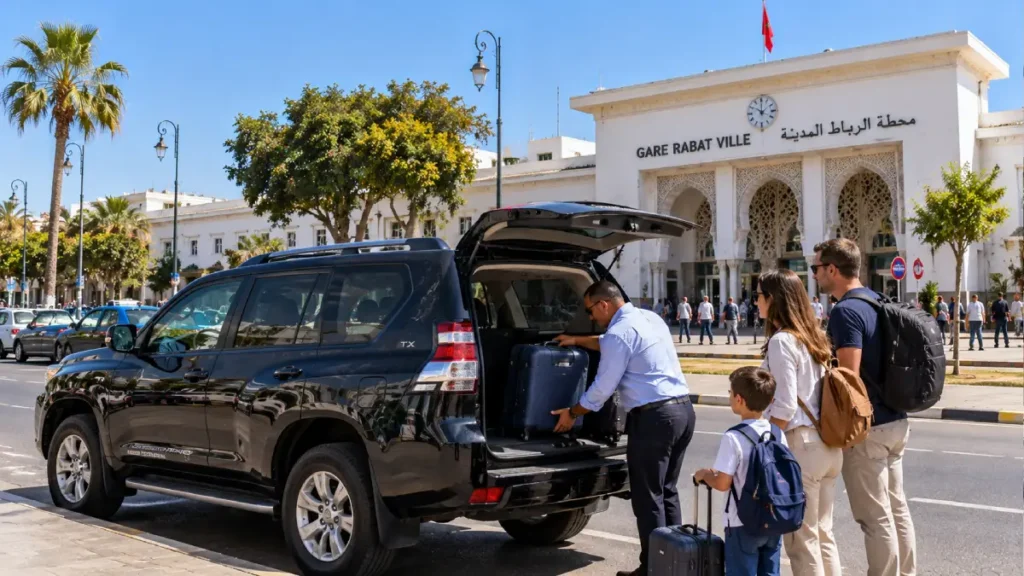 Private Rabat city tour with a black Toyota Land Cruiser Prado TX and professional driver assisting a family with luggage outside Rabat Ville train station.