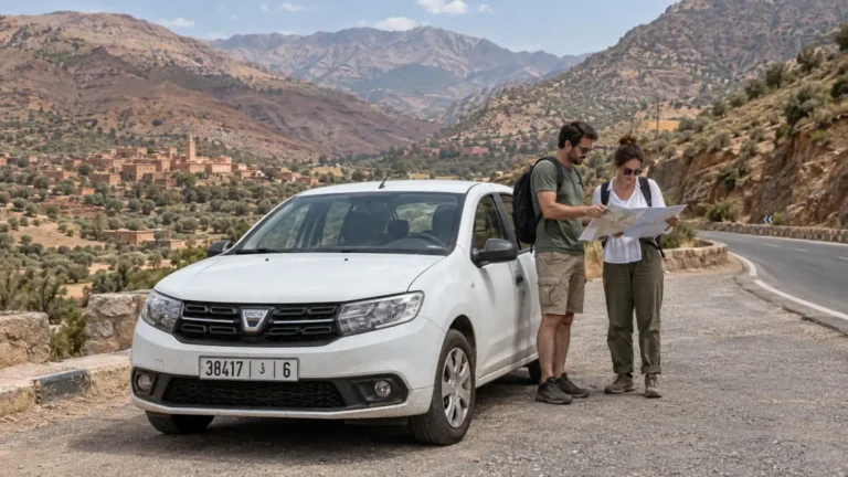 Travelers checking a map beside a white rental car in Morocco’s Atlas foothills