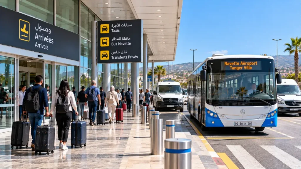 Airport shuttle bus outside Tangier Ibn Battouta Airport arrivals terminal, with passengers carrying luggage and signs for taxis and private transfers.
