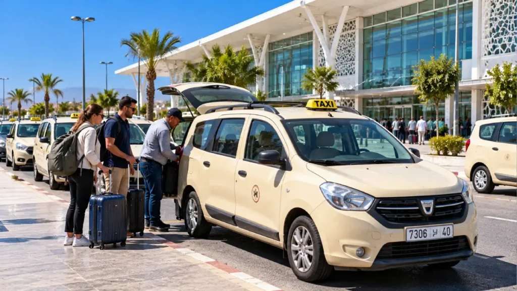 Cream-colored Dacia grand taxi at Tangier Ibn Battouta Airport, with a driver loading luggage while tourists wait outside the arrivals terminal.