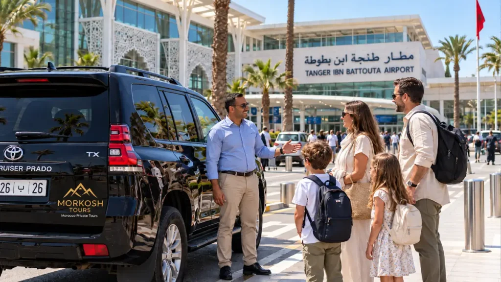 Black Toyota Land Cruiser Prado TX with Morkosh Tours branding outside Tangier Ibn Battouta Airport, as a driver speaks with an arriving family.