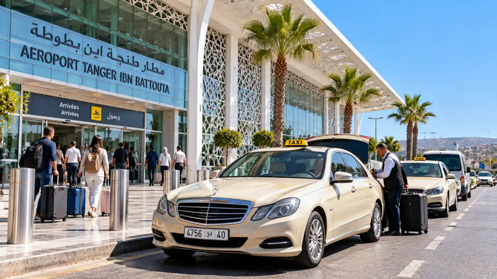 Tangier Airport transfer with a grand taxi waiting outside Ibn Battouta Airport arrivals terminal as travelers collect their luggage.