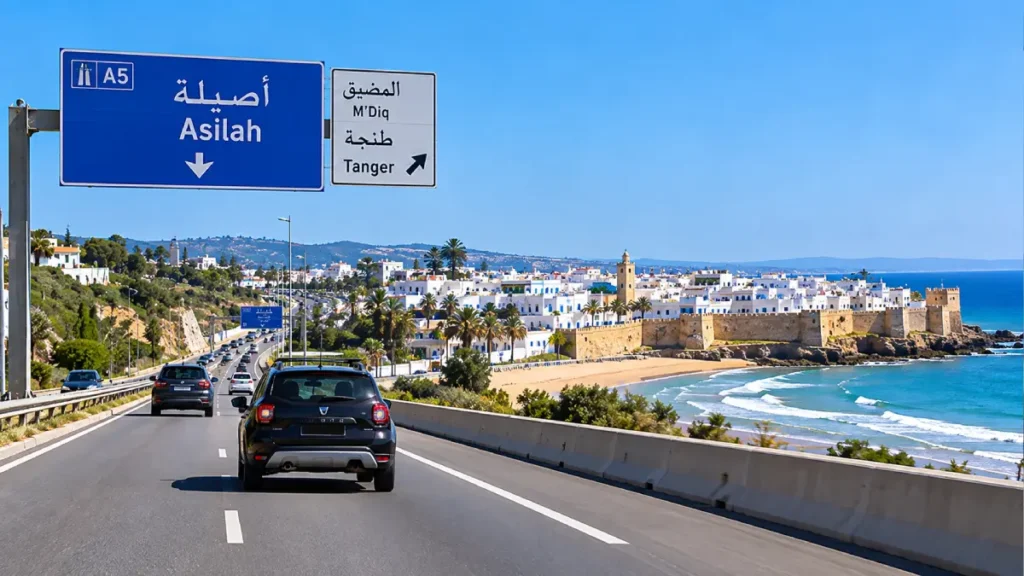 Driving from Tangier to Asilah on the A5 highway with coastal views and road signs