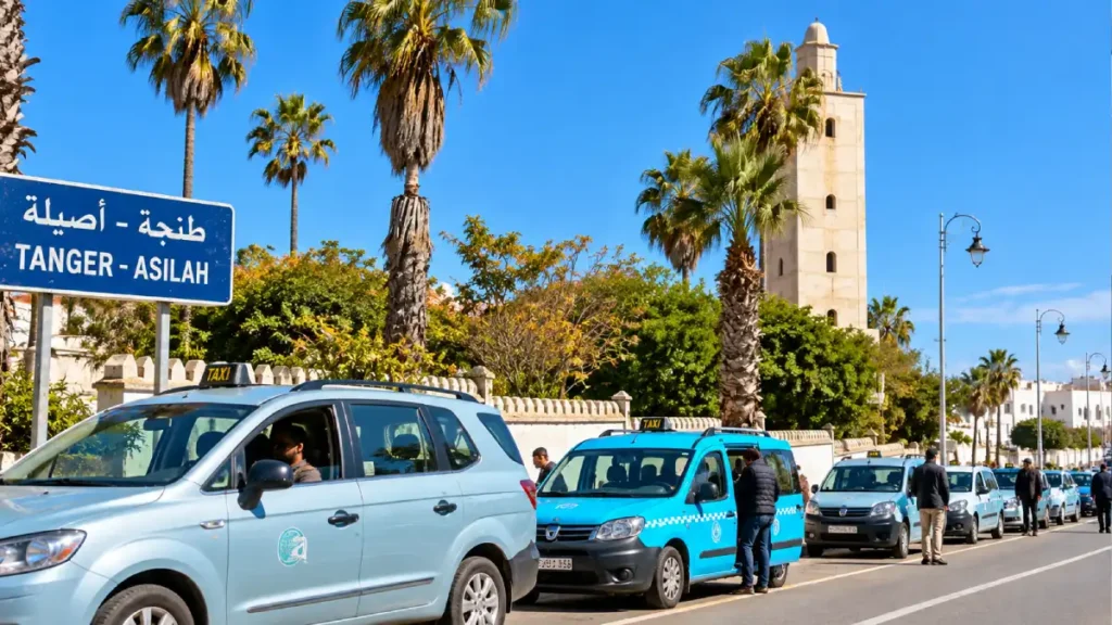 Shared grand taxis from Tangier to Asilah at a taxi rank in northern Morocco