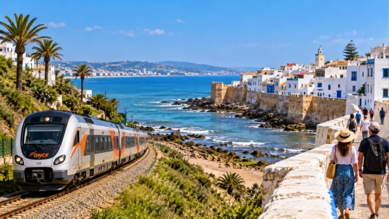 Tangier to Asilah train beside the Atlantic coast with Asilah medina and ramparts