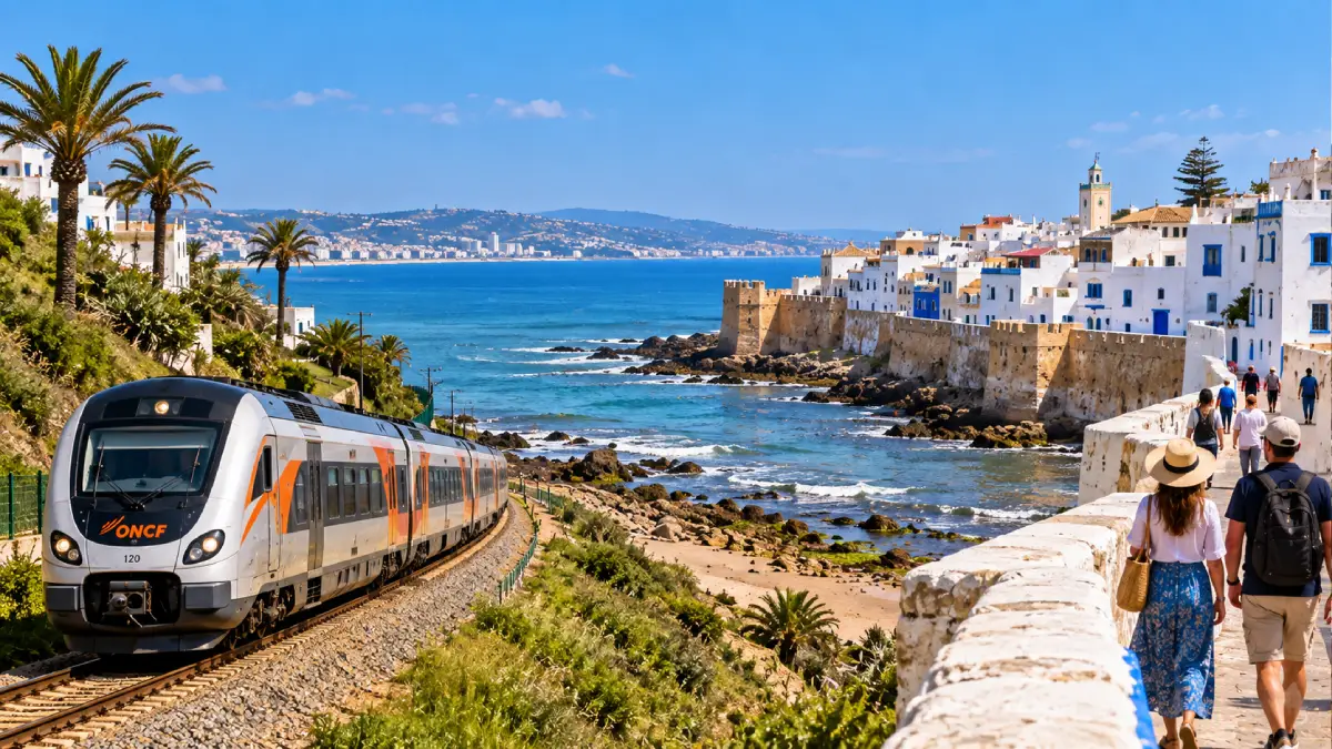 Tangier to Asilah train beside the Atlantic coast with Asilah medina and ramparts