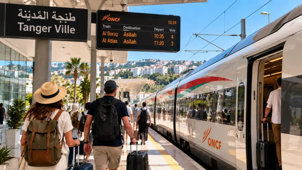 Tangier to Asilah train at Tanger-Ville station with travelers boarding an ONCF service