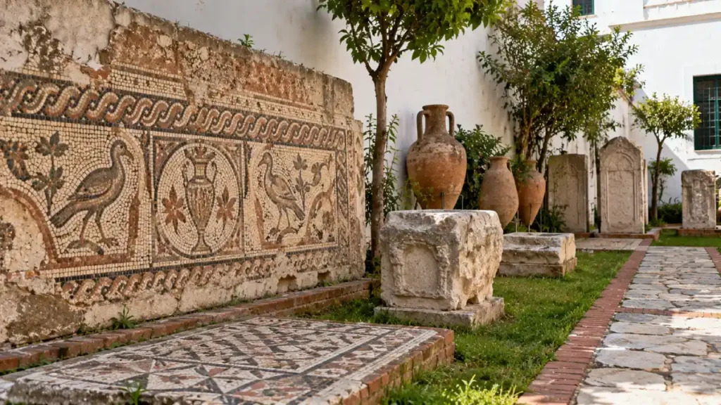 Archaeological Museum of Tetouan, Morocco, featuring ancient Roman mosaics, terracotta amphorae and carved stone artifacts displayed in a garden courtyard.