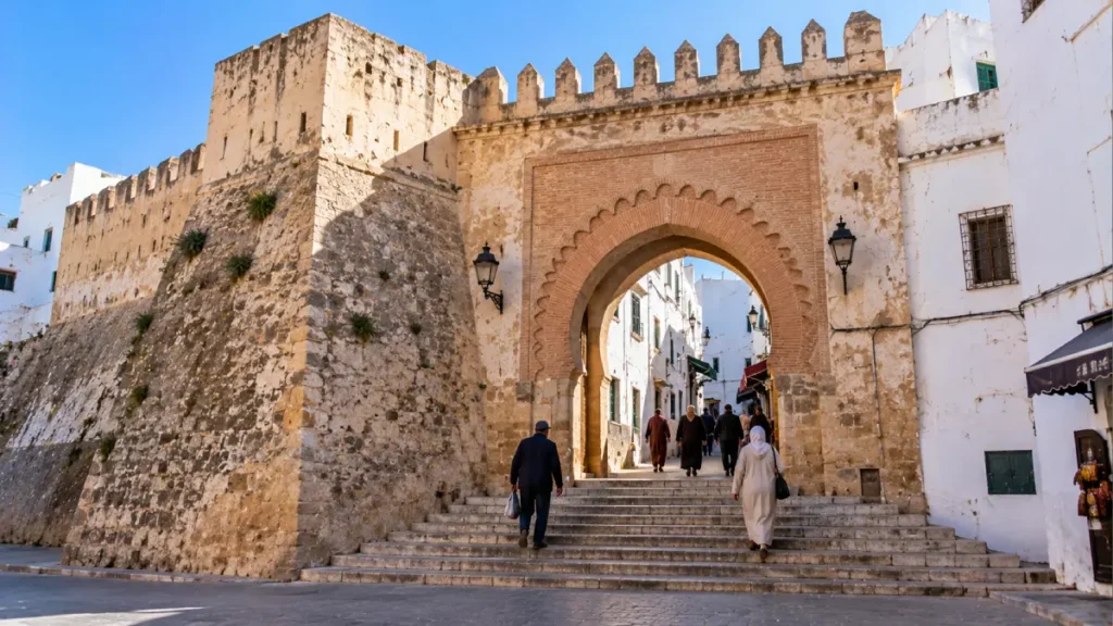 Bab El Oqla historic gate in Tetouan, Morocco, featuring a traditional brick horseshoe arch, fortified stone walls and visitors entering the Medina.
