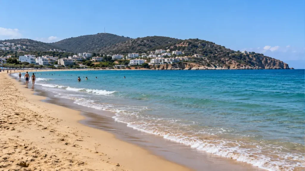 Cabo Negro Beach near Tetouan, Morocco, featuring golden sand, turquoise Mediterranean water, white resort buildings and a green coastal headland.