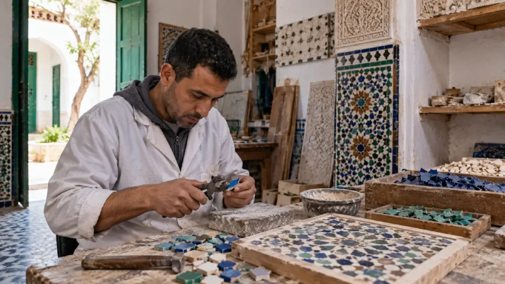 Traditional zellige artisan cutting colorful mosaic tiles in a workshop at Dar Sanaa School of Arts and Crafts in Tetouan, Morocco.