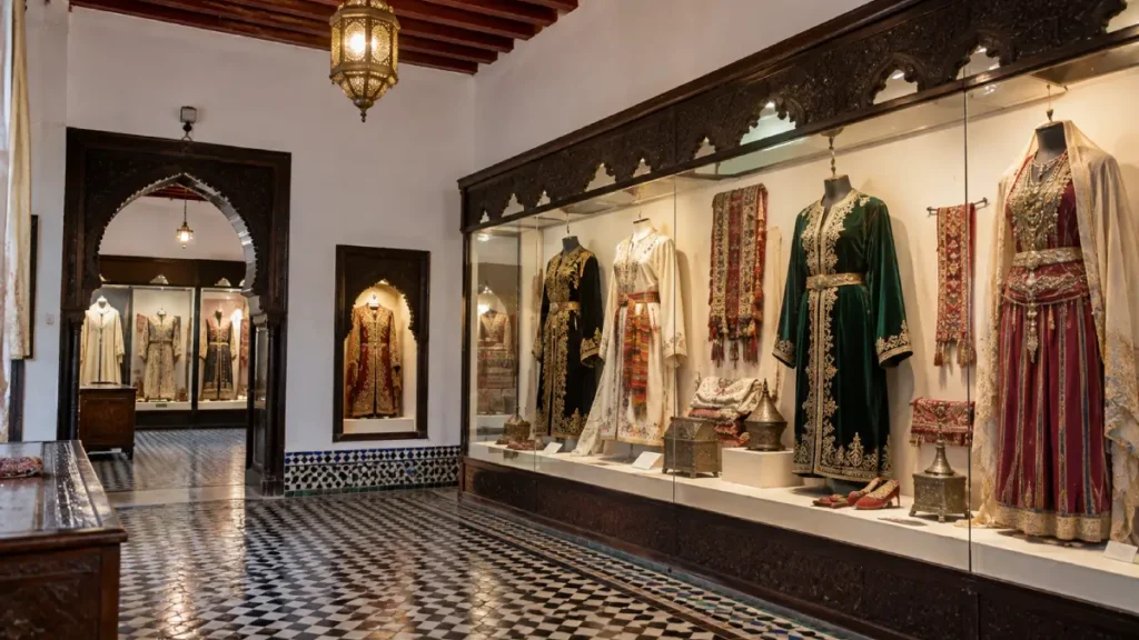 Tetouan Ethnographic Museum displaying traditional Moroccan caftans, embroidered garments, jewelry and historic textiles inside a museum gallery.