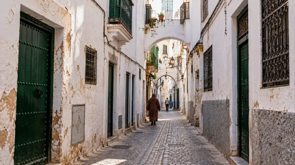 Historic Mellah neighborhood in Tetouan, Morocco, showing a narrow cobblestone street with whitewashed buildings, green wooden doors, iron-grilled windows and pedestrians.