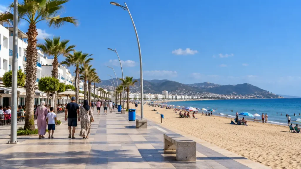 Martil Beach near Tetouan, Morocco, featuring a palm-lined seaside promenade, golden sand, Mediterranean Sea and families enjoying the waterfront.