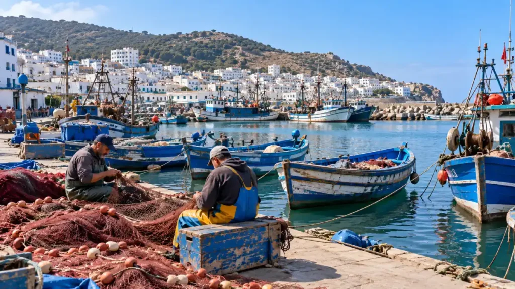 M’diq fishing harbour near Tetouan, Morocco, featuring traditional blue-and-white fishing boats, local fishermen repairing nets and Mediterranean coastal scenery.