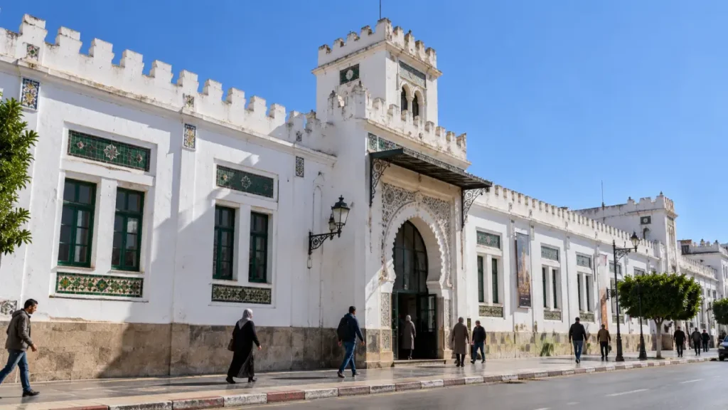 Tetouan Museum of Modern Art in Morocco, housed in a former railway station featuring white Neo-Moorish architecture, green tilework and an ornate entrance.