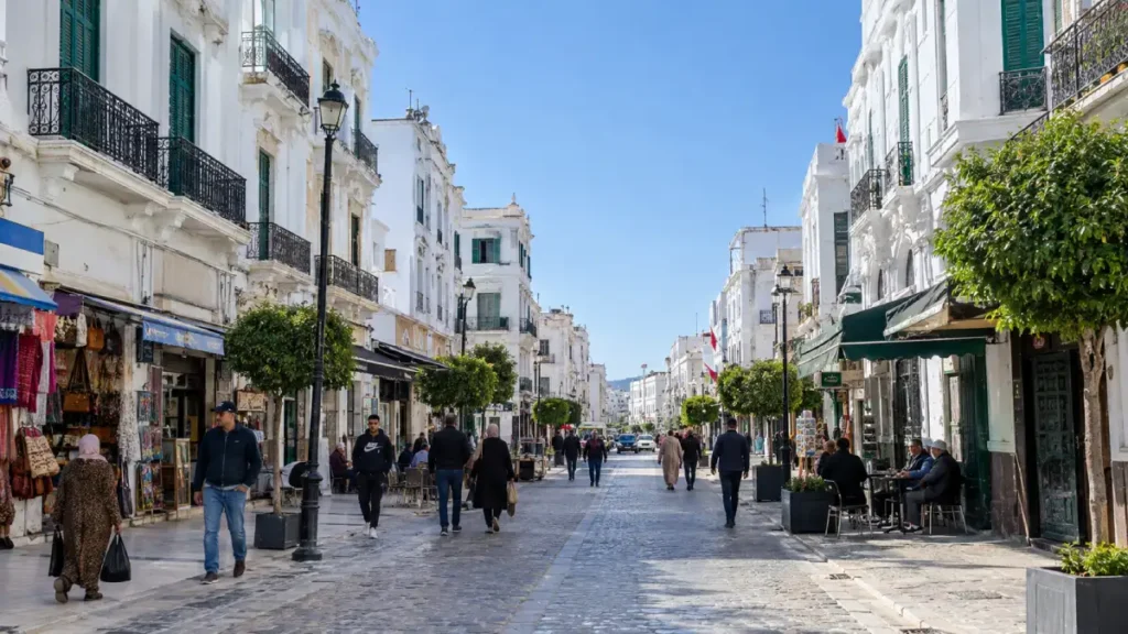 Avenue Mohammed V in Tetouan’s Spanish Quarter, featuring white colonial-era buildings, wrought-iron balconies, green shutters, cafés and pedestrians.