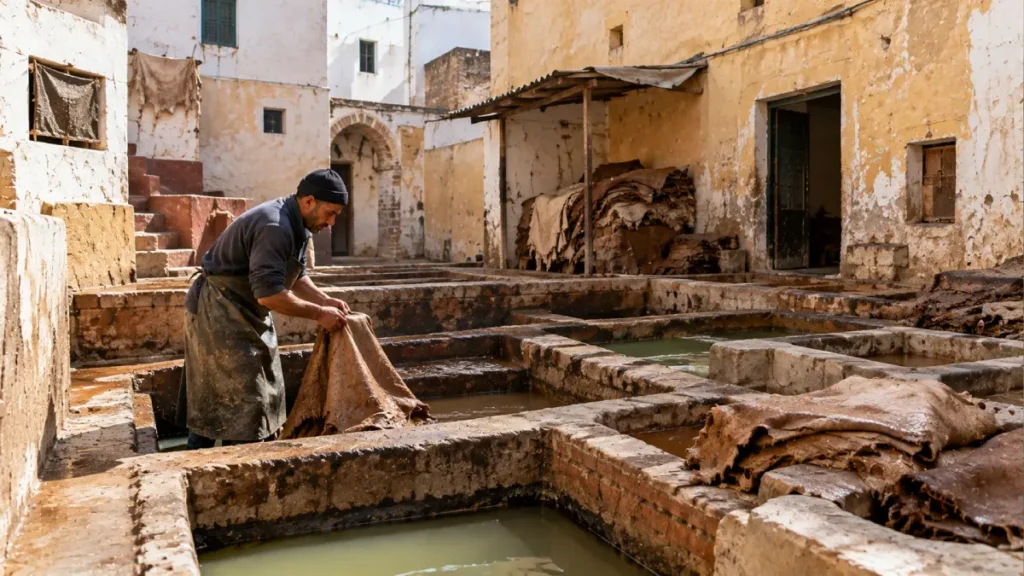 Traditional leather tannery in Tetouan Medina, Morocco, showing an artisan working with animal hides beside old stone tanning vats.