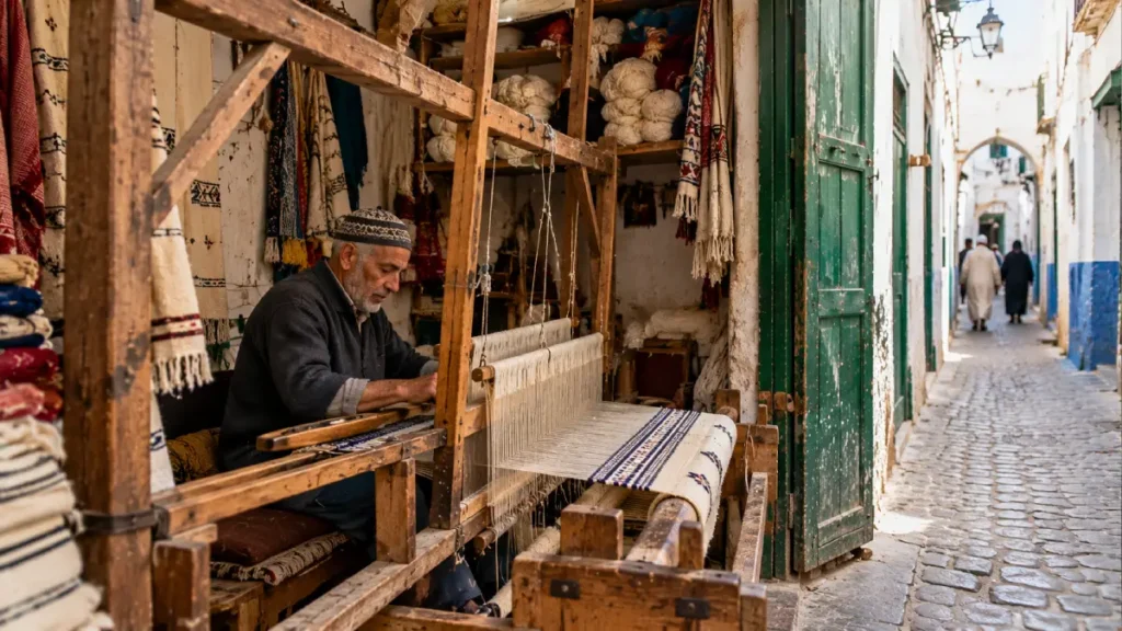 Traditional textile artisan weaving fabric on a wooden loom inside a workshop in Tetouan Medina, Morocco.