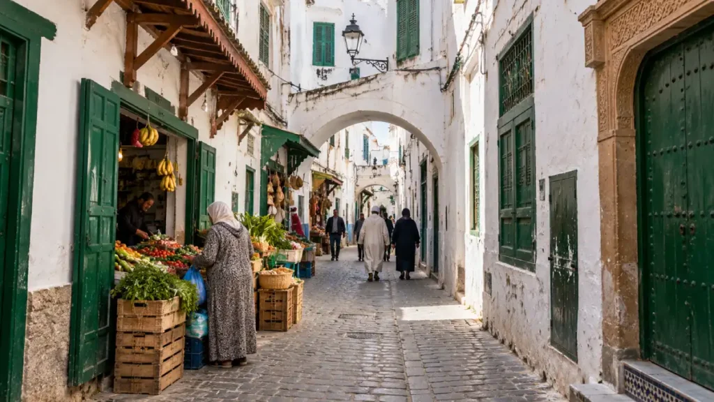 Traditional street in Tetouan Medina, Morocco, featuring whitewashed buildings, green wooden doors, cobblestone lanes and local residents shopping at a produce stall.