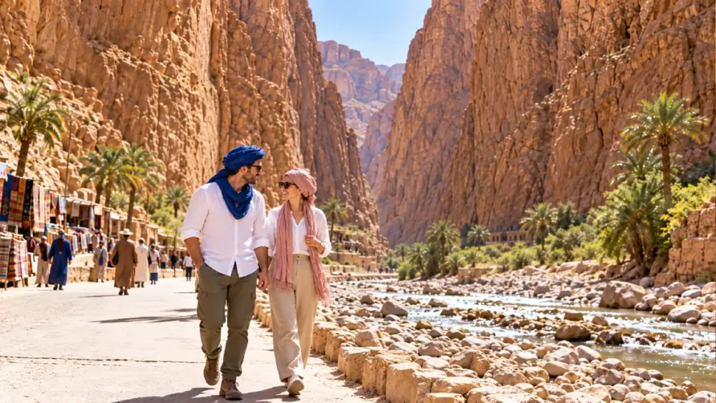 Travelers walking through Todra Gorge on a Morocco tour from Tangier