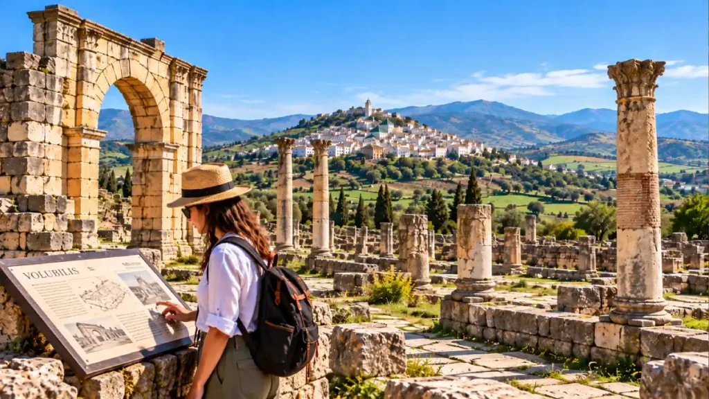 Traveler reading an information sign at Volubilis beside a Roman arch, with ruins and Moulay Idriss in the background