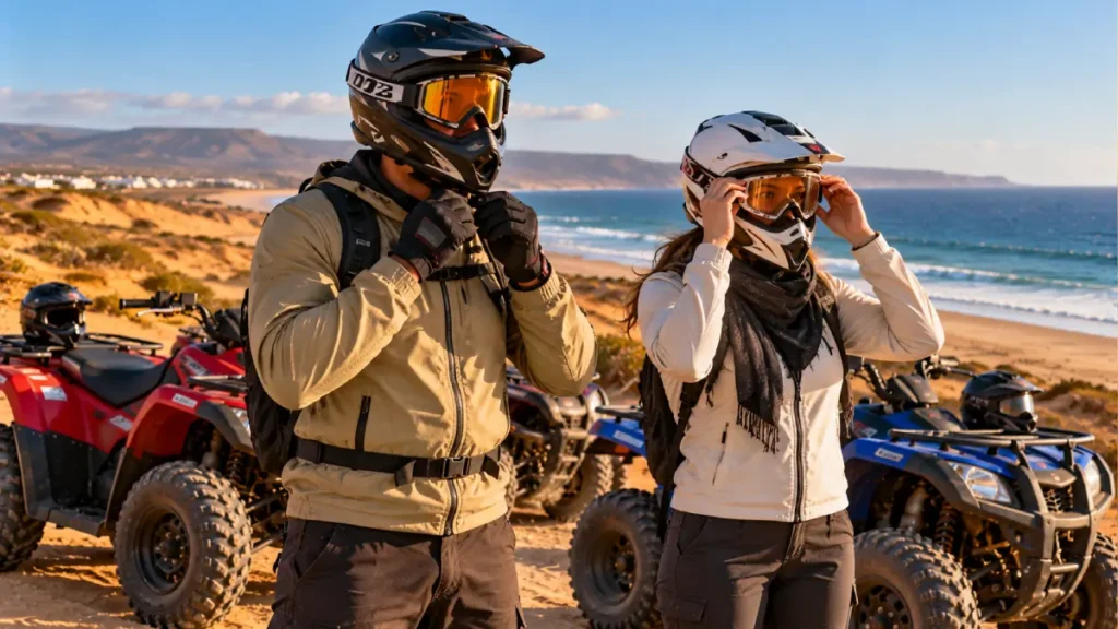 Travelers wearing helmets goggles long sleeves and closed shoes before quad biking near Agadir